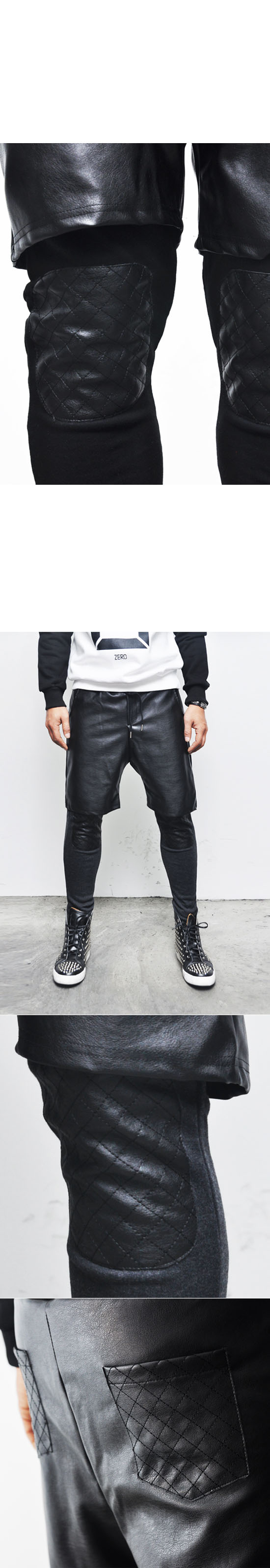 Quilted Patch Leggins Layer Men's Drop Baggy Leather Short Sweatpants